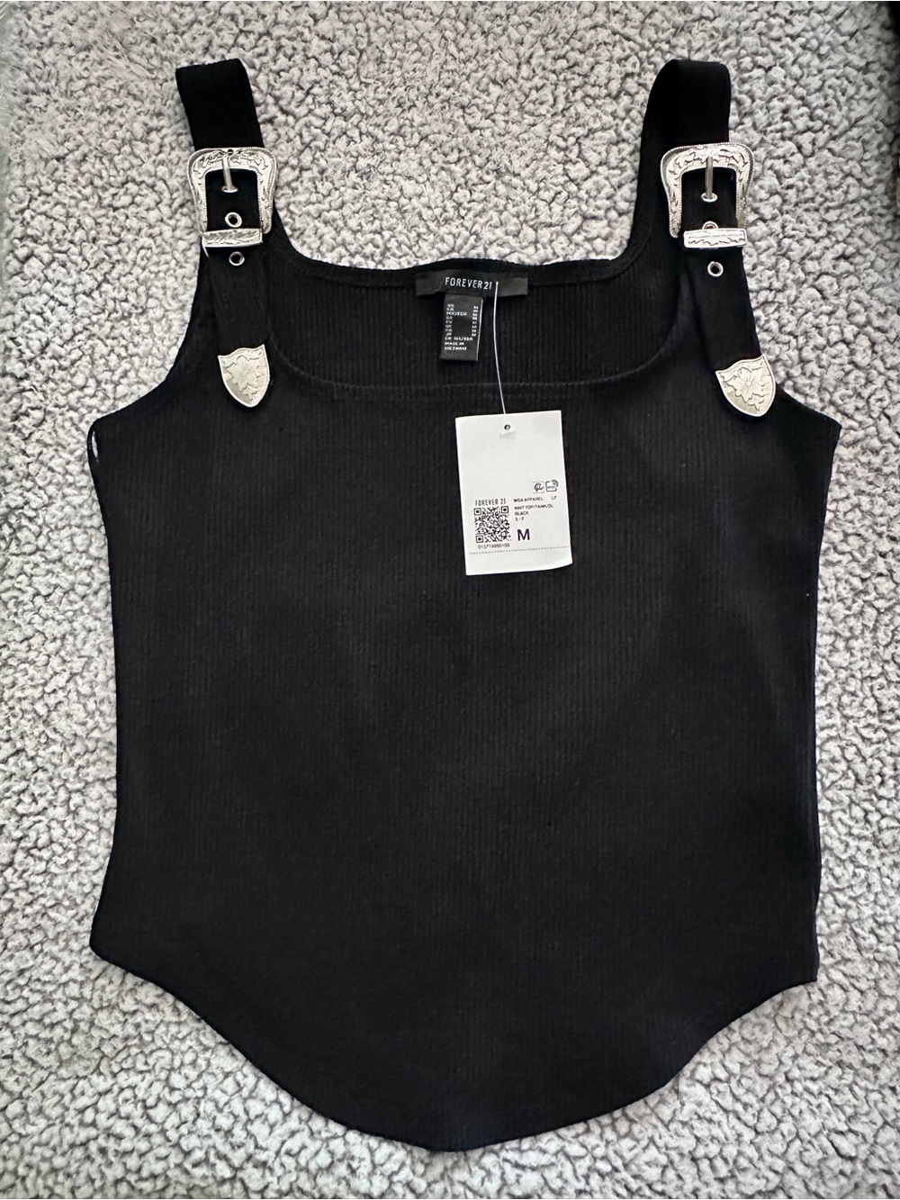 Forever 21 Black Ribbed Tank with Silver Western Buckles